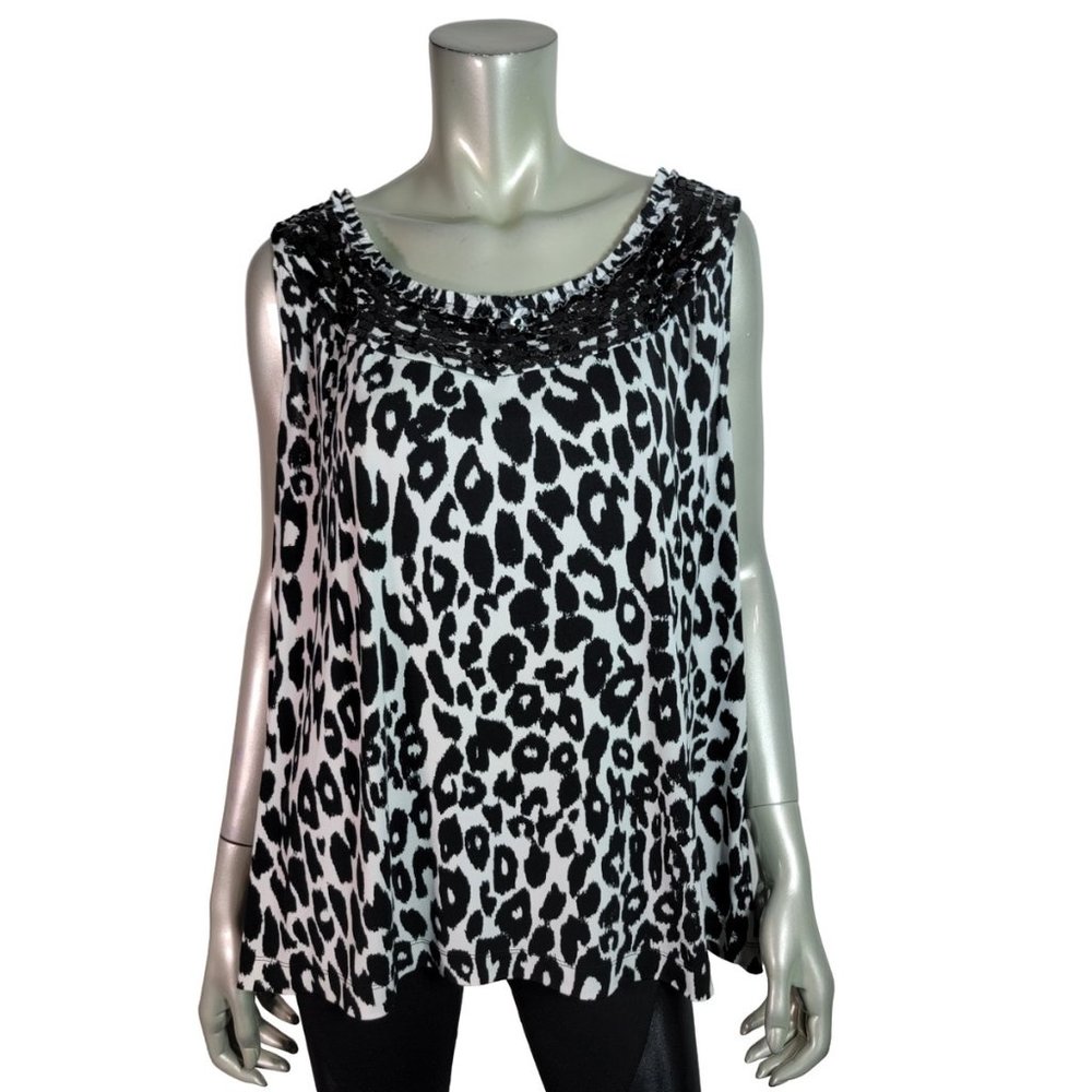 Laura Ashley Top Plus Size 3X Animal Print Sequins Stretch Scoop Neck‎ Black
